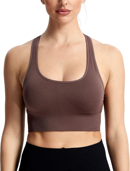 Women'S Sports Bras Workout Revolt Racer Seamless Athletic Running Yoga Crop Tops (Cocoa Brown, Large)